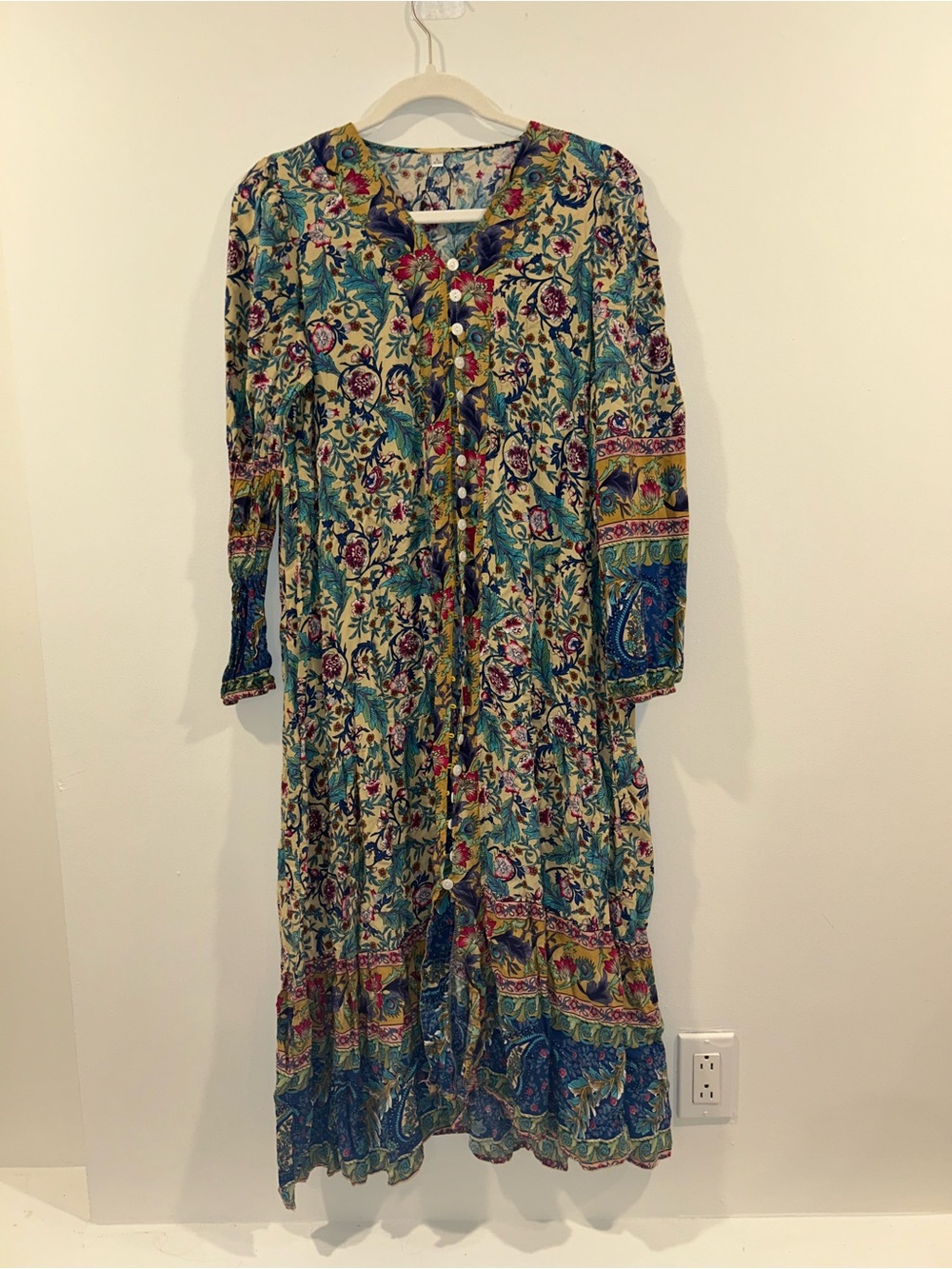 Floral Button-Front Maxi Dress in Teal and Cream